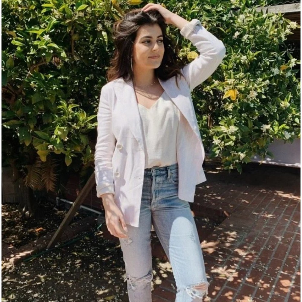 Leith Anthropologie Ivory double breasted linen jacket blazer size M